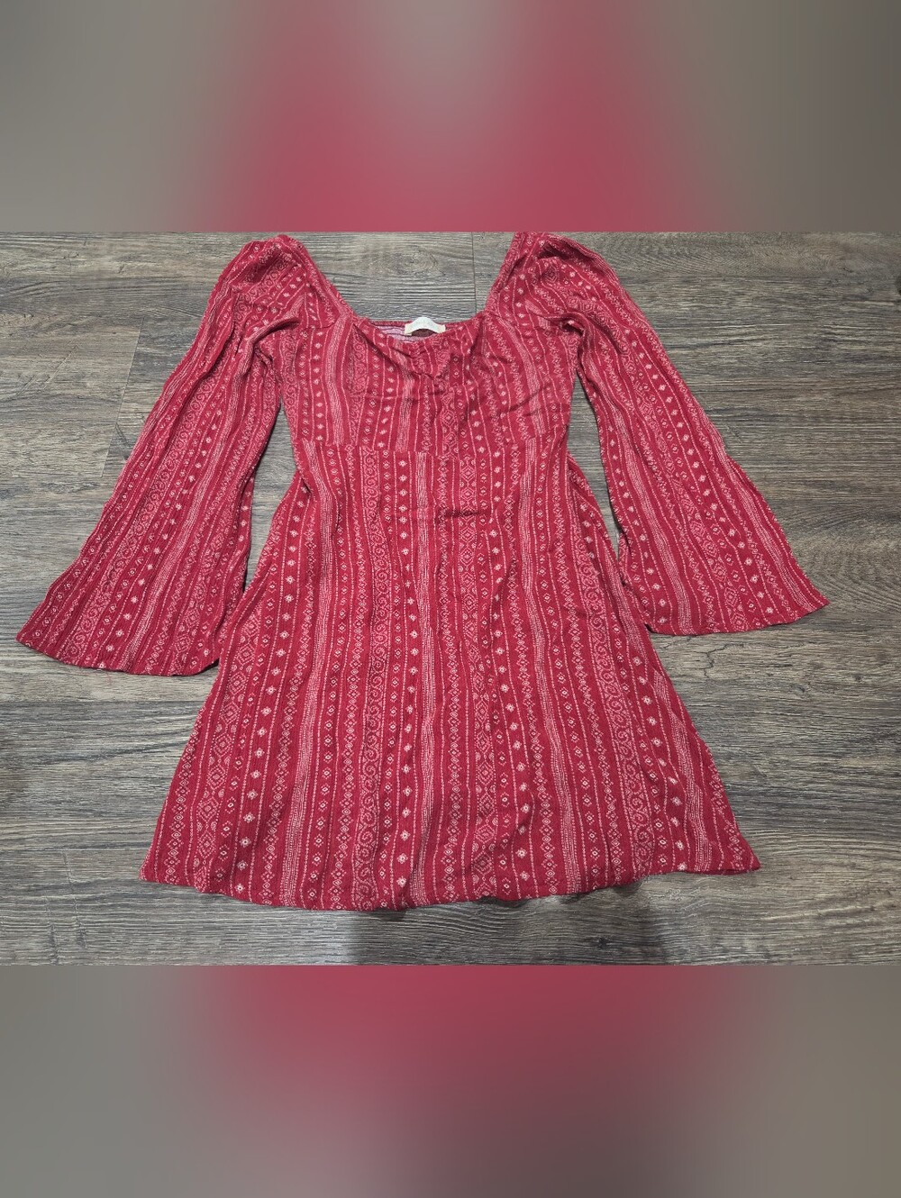 Altard State Women's Red Patterned Long-Sleeve Fit Flare Dress Size M Has Hole